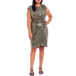 Alex Marie Dress Sequins Metallic Gold Black Sleeveless Faux Wrap Gown Formal